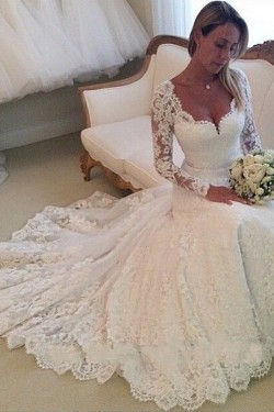 Elegant Mermaid Long Sleeves Lace Wedding Dresses Bridal Gowns 903165