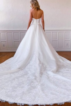 A-Line Strapless Long Lace and Satin Wedding Dresses Bridal Gowns 903167