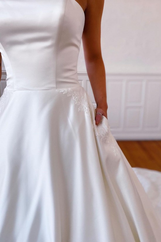 A-Line Strapless Long Lace and Satin Wedding Dresses Bridal Gowns 903167