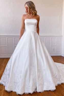 A-Line Strapless Long Lace and Satin Wedding Dresses Bridal Gowns 903167