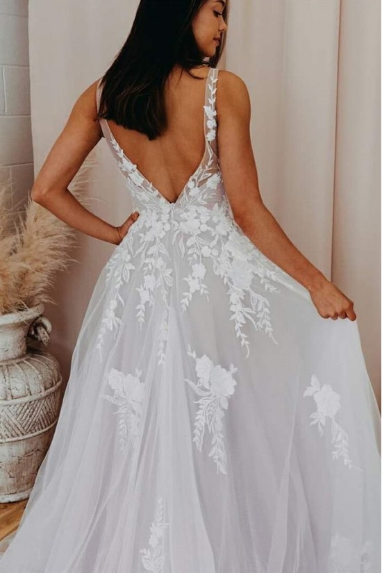 A-Line Lace and Tulle V Neck Wedding Dresses Bridal Gowns 903174