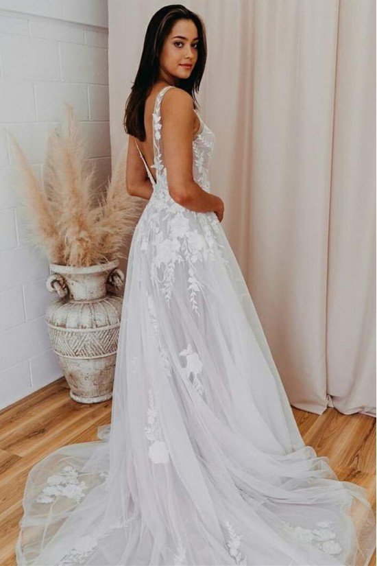 A-Line Lace and Tulle V Neck Wedding Dresses Bridal Gowns 903174