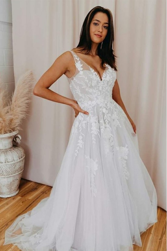 A-Line Lace and Tulle V Neck Wedding Dresses Bridal Gowns 903174