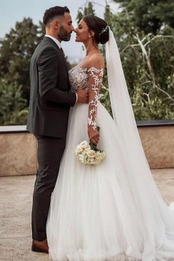 A-Line Long Sleeves Lace and Tulle Wedding Dresses Bridal Gowns 903177