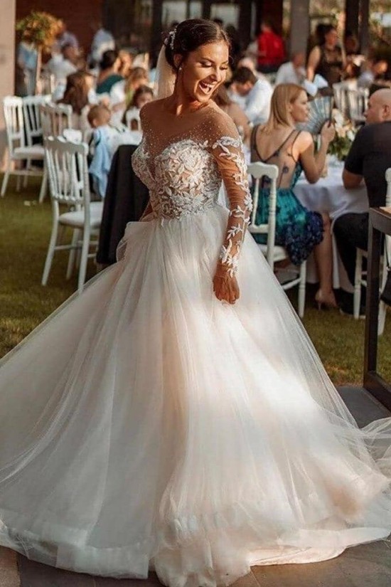 A-Line Long Sleeves Lace and Tulle Wedding Dresses Bridal Gowns 903177
