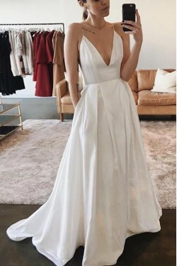 A-Line V Neck Long Satin Wedding Dresses Bridal Gowns 903178