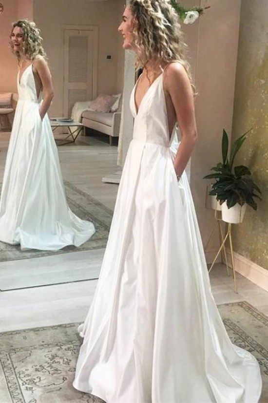 A-Line V Neck Long Satin Wedding Dresses Bridal Gowns 903178