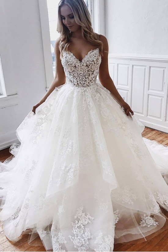 A-Line Lace V Neck Wedding Dresses Bridal Gowns 903181