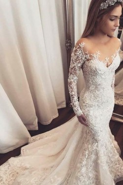 Elegant Mermaid Lace Long Sleeves Wedding Dresses Bridal Gowns 903185