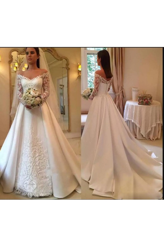 A-Line Lace Long Sleeves V Neck Wedding Dresses Bridal Gowns 903186