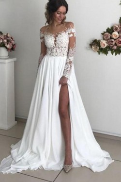 A-Line Chiffon and Lace Long Sleeves Wedding Dresses Bridal Gowns 903188