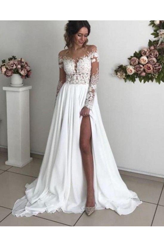 A-Line Chiffon and Lace Long Sleeves Wedding Dresses Bridal Gowns 903188 A-Line Chiffon and Lace Long Sleeves Wedding Dresses Bridal Gowns 903188