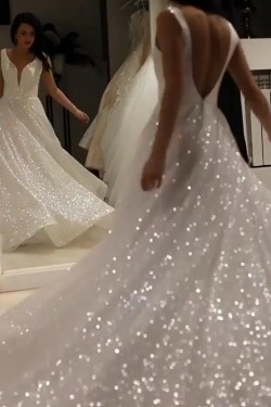 A-Line Sparkle V Neck Wedding Dresses Bridal Gowns 903190