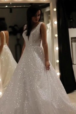 A-Line Sparkle V Neck Wedding Dresses Bridal Gowns 903190