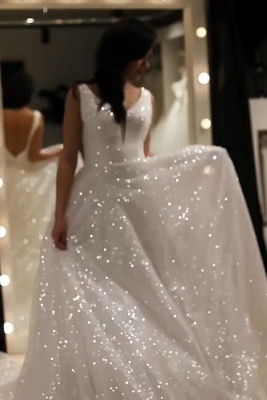 A-Line Sparkle V Neck Wedding Dresses Bridal Gowns 903190