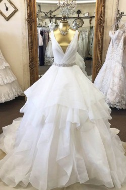 A-Line Beaded V Neck Long Wedding Dresses Bridal Gowns 903192