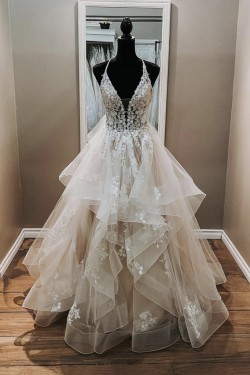 A-Line Lace V Neck Wedding Dresses Bridal Gowns 903193