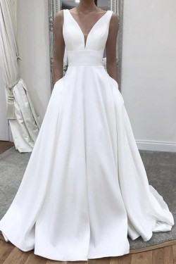 A-Line Long Satin V Neck Wedding Dresses Bridal Gowns 903195