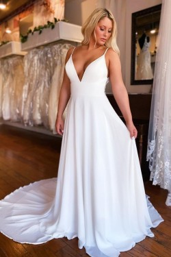 A-Line Chiffon and Lace V Neck Wedding Dresses Bridal Gowns 903196