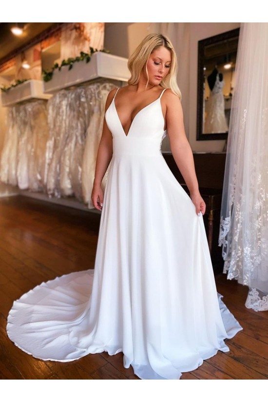 A-Line Chiffon and Lace V Neck Wedding Dresses Bridal Gowns 903196