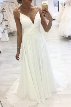 A-Line Long Chiffon V Neck Wedding Dresses Bridal Gowns 903197