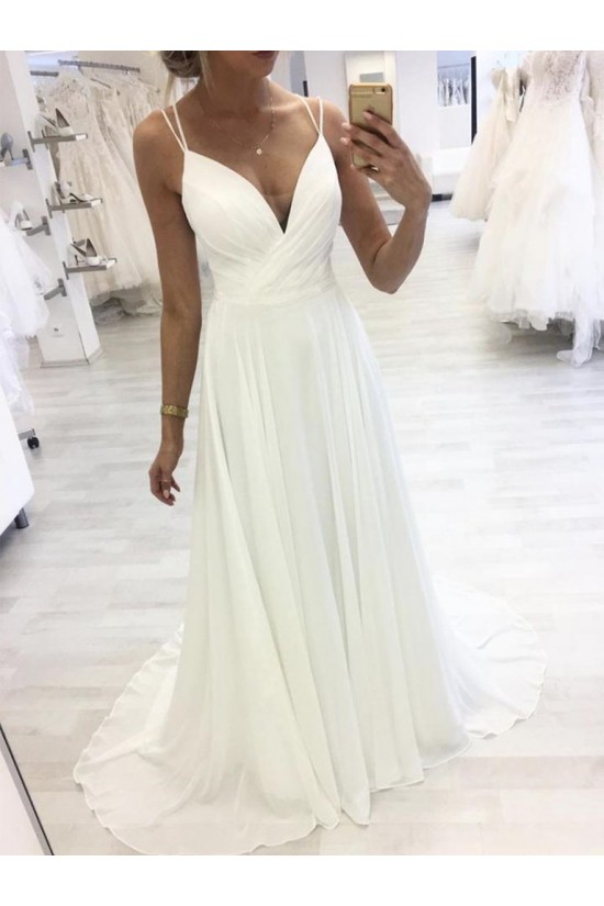 A-Line Long Chiffon V Neck Wedding Dresses Bridal Gowns 903197