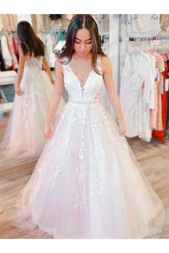 A-Line Lace V Neck Wedding Dresses Bridal Gowns 903198