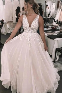 A-Line Lace V Neck Wedding Dresses Bridal Gowns 903216