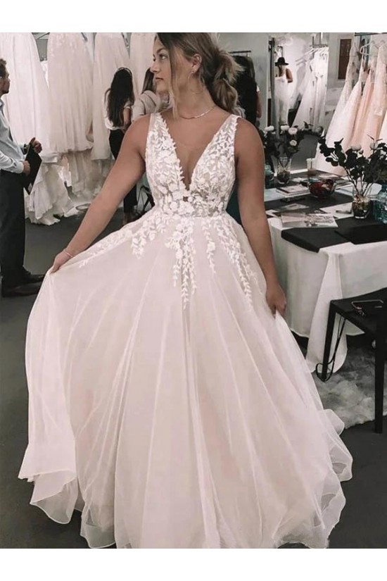 A-Line Lace V Neck Wedding Dresses Bridal Gowns 903216