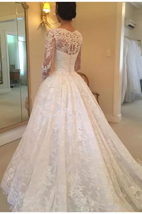 A-Line Long Sleeves Lace Wedding Dresses Bridal Gowns 903218