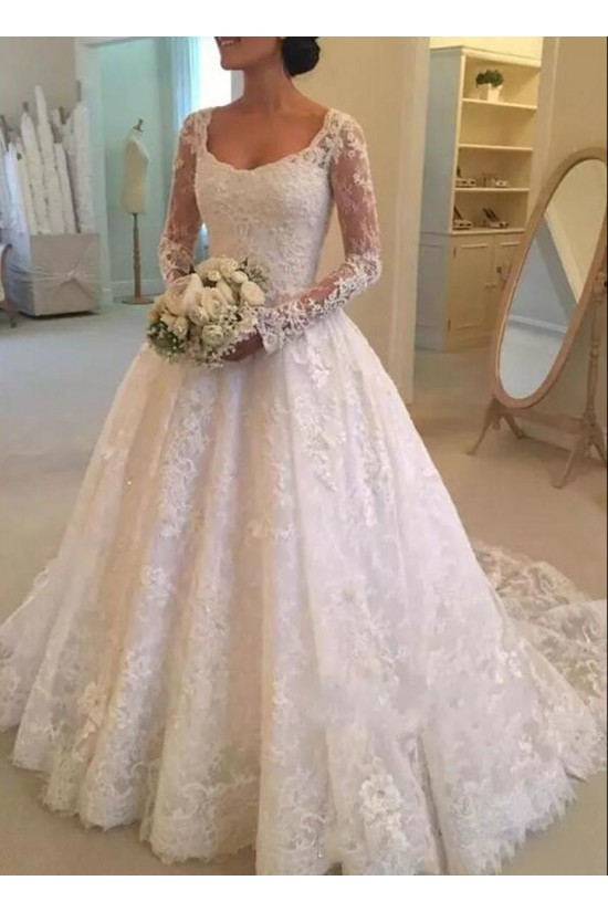 A-Line Long Sleeves Lace Wedding Dresses Bridal Gowns 903218