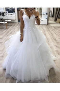 A-Line Lace and Tulle V Neck Wedding Dresses Bridal Gowns 903219
