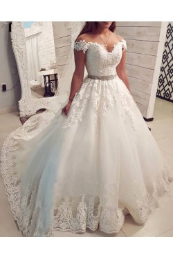 A-Line Beaded Lace and Tulle Off the Shoulder Wedding Dresses Bridal Gowns 903220
