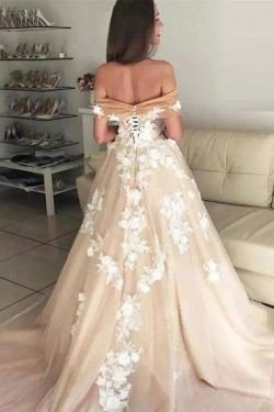 A-Line Off the Shoulder Lace and Tulle Wedding Dresses Bridal Gowns 903221