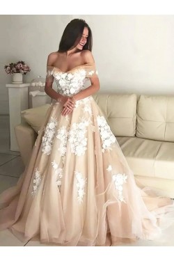 A-Line Off the Shoulder Lace and Tulle Wedding Dresses Bridal Gowns 903221