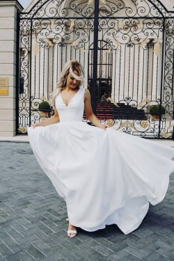 A-Line V Neck Long Wedding Dresses Bridal Gowns 903223