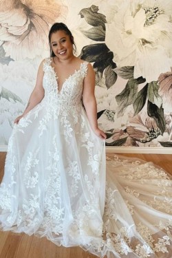 A-Line Lace Long Wedding Dresses Bridal Gowns 903233