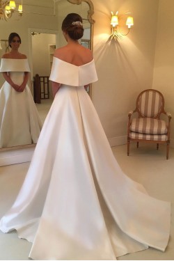 A-Line Off the Shoulder Long Satin Wedding Dresses Bridal Gowns 903234