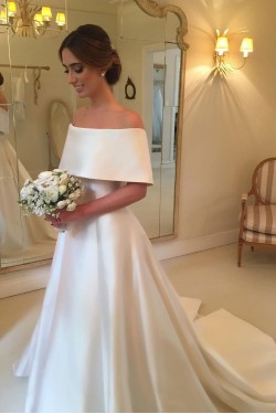 A-Line Off the Shoulder Long Satin Wedding Dresses Bridal Gowns 903234