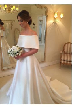 A-Line Off the Shoulder Long Satin Wedding Dresses Bridal Gowns 903234