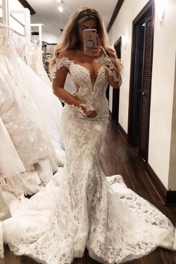 Mermaid Lace Off the Shoulder Long Sleeves Wedding Dresses Bridal Gowns 903238