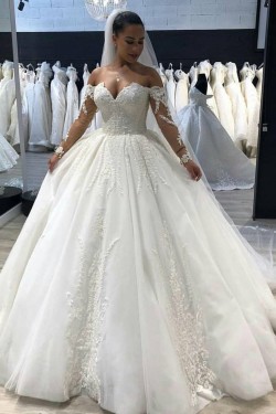 A-Line Long Sleeves Lace Wedding Dresses Bridal Gowns 903239