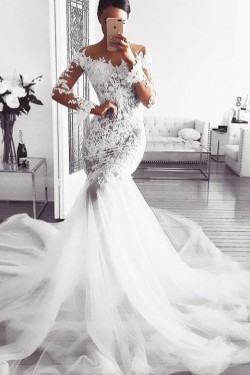 Mermaid Lace and Tulle Long Sleeves Wedding Dresses Bridal Gowns 903244