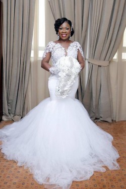 Mermaid Lace and Tulle Long Sleeves Wedding Dresses Bridal Gowns 903246