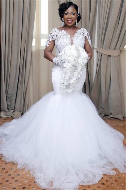 Mermaid Lace and Tulle Long Sleeves Wedding Dresses Bridal Gowns 903246