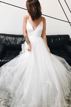 A-Line Long Tulle V Neck Wedding Dresses Bridal Gowns 903250