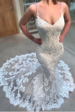 Mermaid Spaghetti Straps Lace and Tulle Wedding Dresses Bridal Gowns 903251