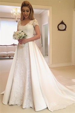 A-Line Lace Wedding Dresses Bridal Gowns with Short Sleeves 903257