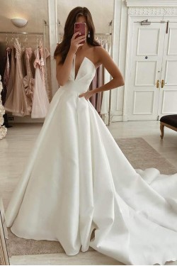 A-Line Satin Long Wedding Dresses Bridal Gowns 903261