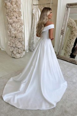 A-Line Long Satin Off the Shoulder Wedding Dresses Bridal Gowns 903265
